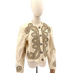 Vintage 90s Double D Ranch Cream 100% Cotton Studded Soutache Cropped Jacket